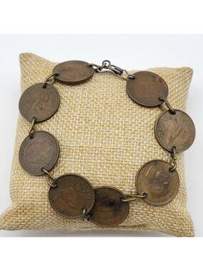 Vintage WWII Farthing Coin Bracelet Estate Jewelry Bird